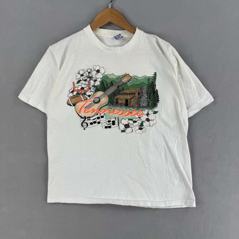 Vintage Tennessee Shirt Mens Medium White Guitar Football Graphic Tee 80s 90s
